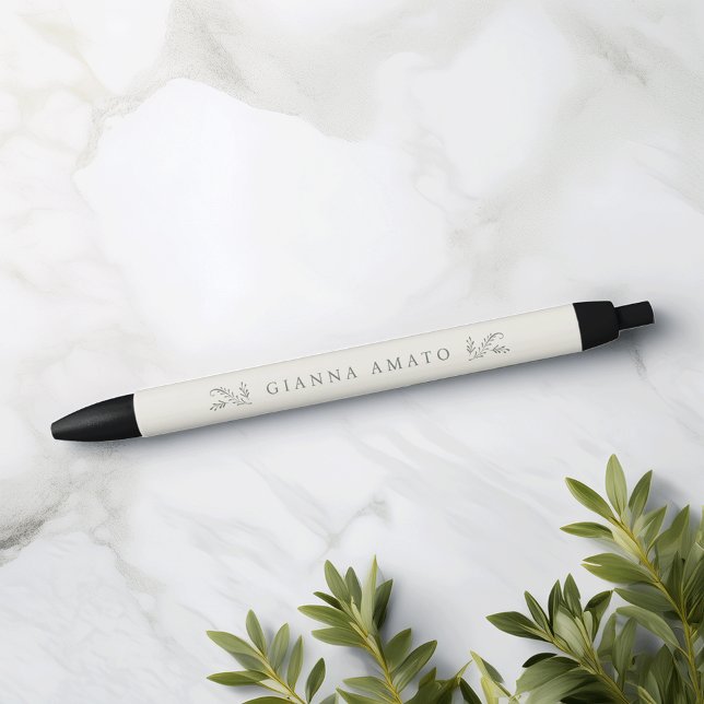 Elegant Green & Cream Botanical Personalized Black Ink Pen (Creator Uploaded)