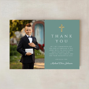 Elegant Green Cross Boy First Communion Photo Thank You Card