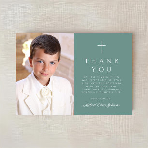 Elegant Green Cross Boy First Communion Photo Thank You Card