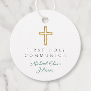Elegant Green Cross Boy First Communion Round Favour Tags