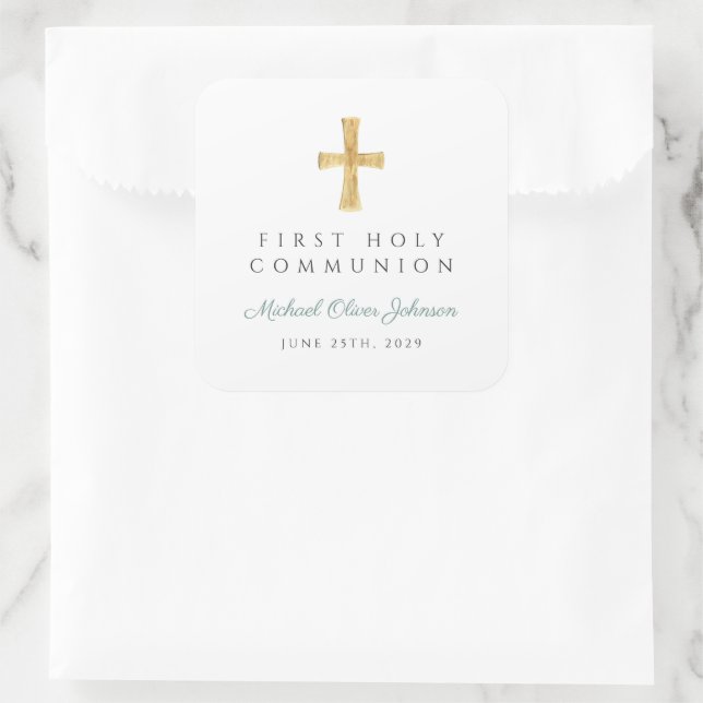 Elegant Green Cross Boy First Communion Thank You Square Sticker (Bag)