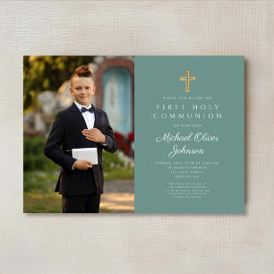 Elegant Green Cross Photo Boy First Communion  Invitation