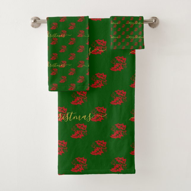 Elegant Green Custom Christmas Holly Bath Towel Set (Insitu)