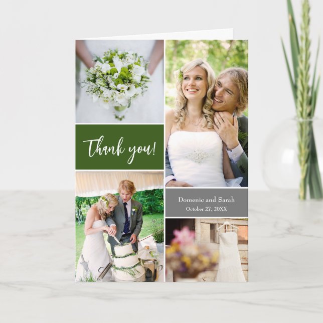 Elegant Green customizable Wedding photos  Thank You Card (Front)