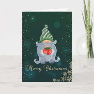 Elegant Green,Cute Gnome, Pine Tree Branches Holiday Card