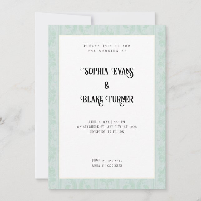 Elegant Green Damask Traditional White Wedding Invitation (Front)