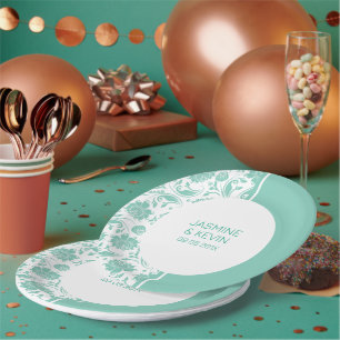 Elegant green Damask & White Split Screen Paper Plate