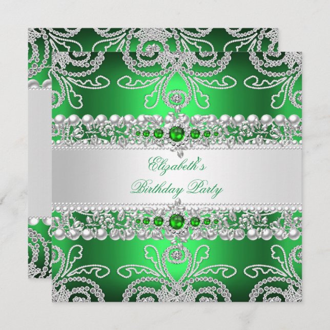 Elegant Green Diamonds Silver Floral Birthday Invitation (Front/Back)