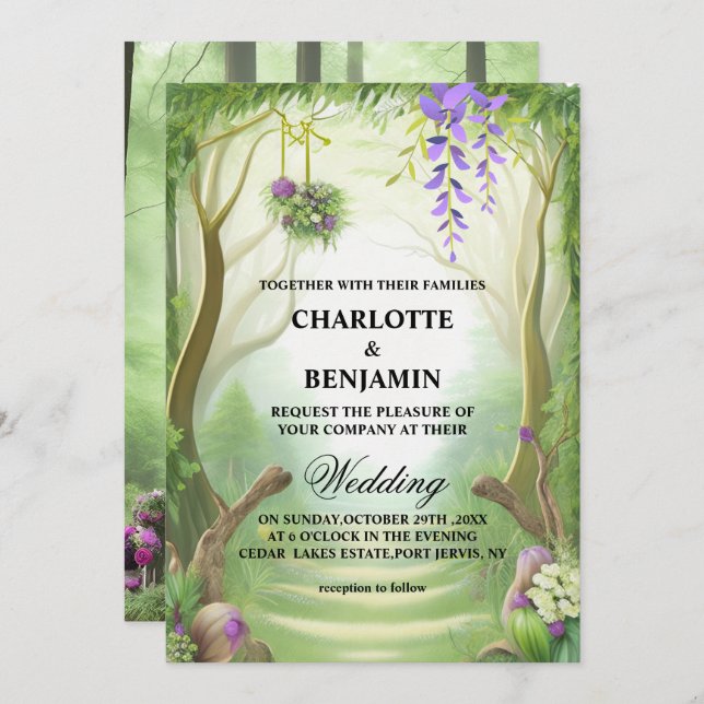 Elegant Green Enchanted Forest Wedding Invitation (Front/Back)