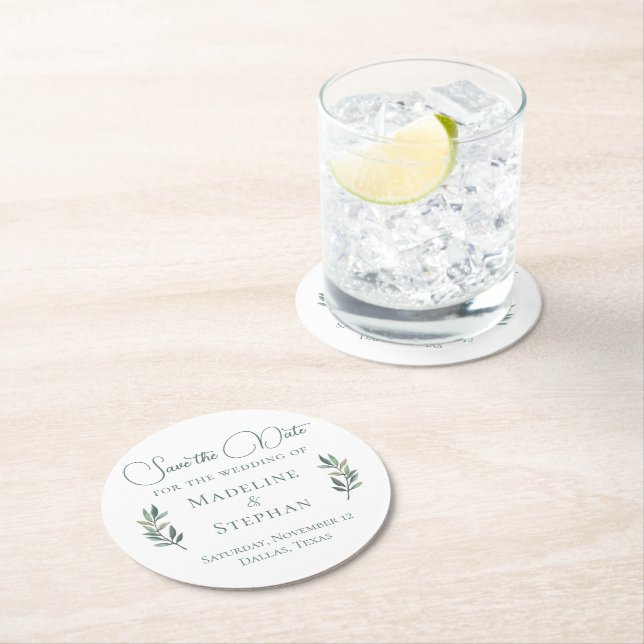 Elegant Green Eucalyptus Leaf Modern Save the Date Round Paper Coaster (Insitu)