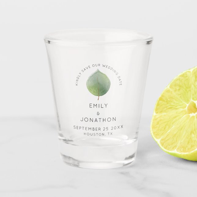 Elegant Green Eucalyptus Leaf Save The Date Shot Glass (Front)