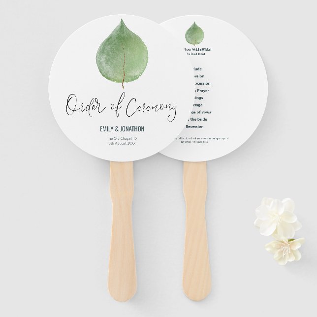 Elegant Green Eucalyptus Leaf Wedding Program Hand Fan (Front and Back)