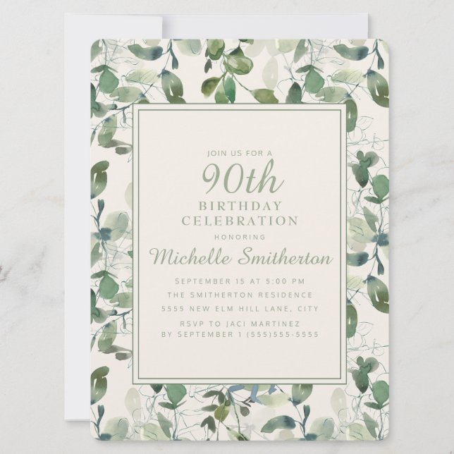Elegant Green Eucalyptus Leaves 90th Birthday Invitation (Front)