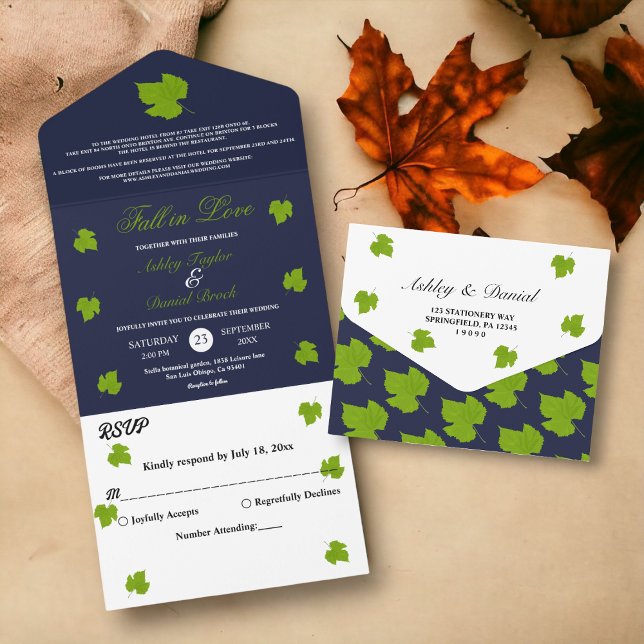 Elegant Green Fall Leaves Navy Blue Floral Wedding All In One Invitation (Creator Uploaded)