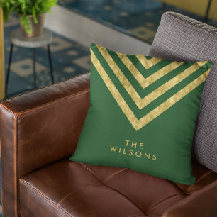 Elegant Green Family Name Chevron Pattern Throw Pillow