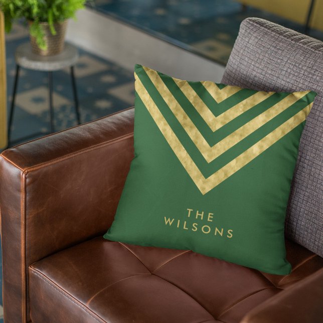 Elegant Green Family Name Chevron Pattern Throw Pillow (Creator Uploaded)