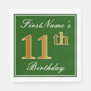 Elegant Green, Faux Gold 11th Birthday + Name Napkin