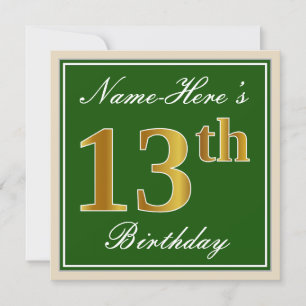 Elegant, Green, Faux Gold 13th Birthday + Name Invitation
