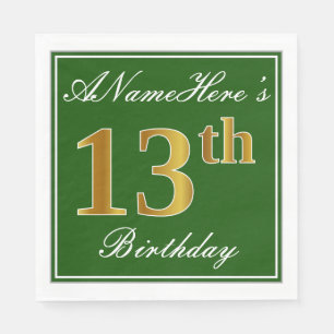 Elegant Green, Faux Gold 13th Birthday + Name Napkin