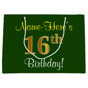 Elegant, Green, Faux Gold 16th Birthday + Name Large Gift Bag