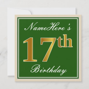 Elegant, Green, Faux Gold 17th Birthday + Name Invitation