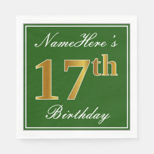 Elegant Green, Faux Gold 17th Birthday + Name Napkin