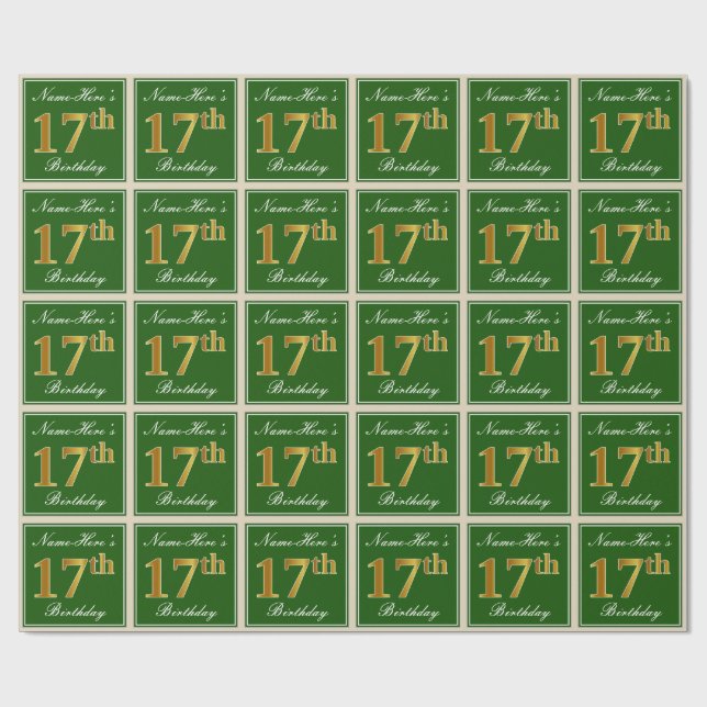 Elegant, Green, Faux Gold 17th Birthday + Name Wrapping Paper (Flat)