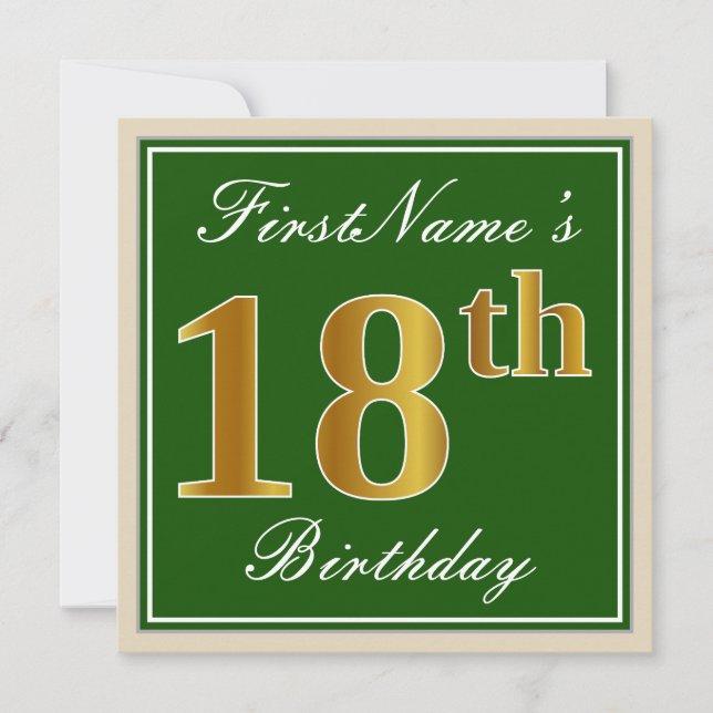 Elegant, Green, Faux Gold 18th Birthday + Name Invitation (Front)