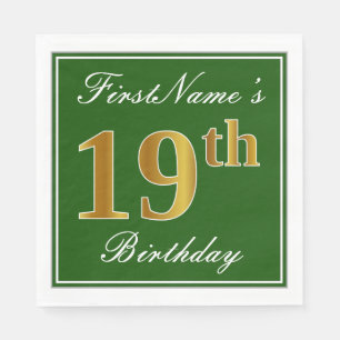 Elegant Green, Faux Gold 19th Birthday + Name Napkin