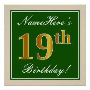 Elegant, Green, Faux Gold 19th Birthday + Name Poster