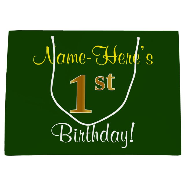 Elegant, Green, Faux Gold 1st Birthday + Name Large Gift Bag (Front)