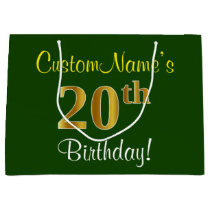 Elegant, Green, Faux Gold 20th Birthday + Name Large Gift Bag