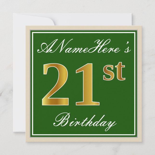 Elegant, Green, Faux Gold 21st Birthday + Name Invitation (Front)