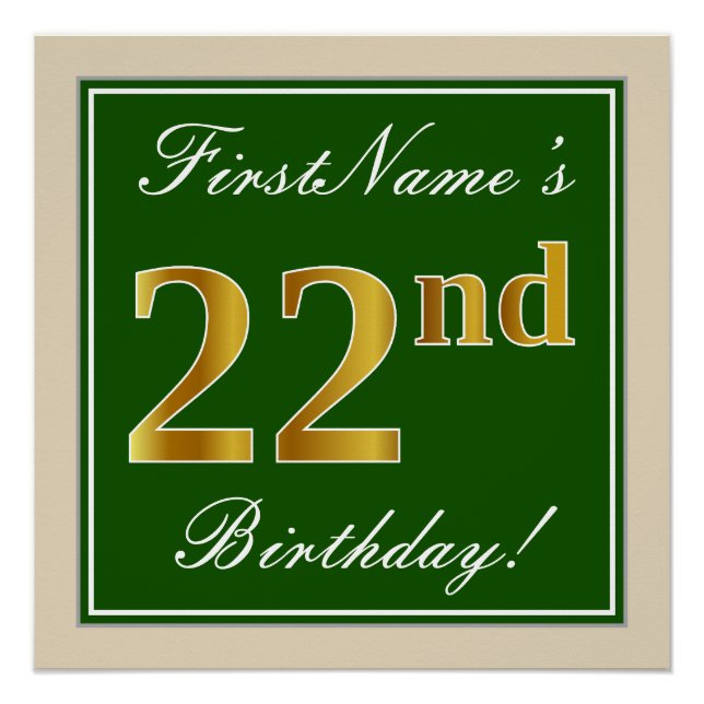 Elegant, Green, Faux Gold 22nd Birthday + Name Poster (Front)