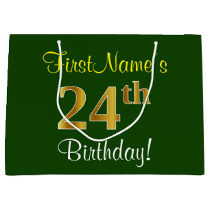 Elegant, Green, Faux Gold 24th Birthday + Name Large Gift Bag