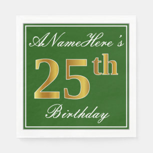 Elegant Green, Faux Gold 25th Birthday + Name Napkin