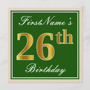 Elegant, Green, Faux Gold 26th Birthday + Name Invitation