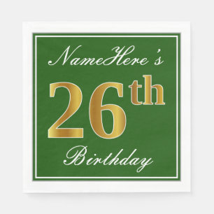 Elegant Green, Faux Gold 26th Birthday + Name Napkin
