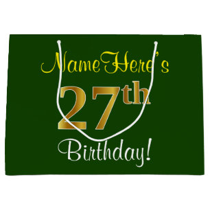 Elegant, Green, Faux Gold 27th Birthday + Name Large Gift Bag