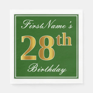 Elegant Green, Faux Gold 28th Birthday + Name Napkin