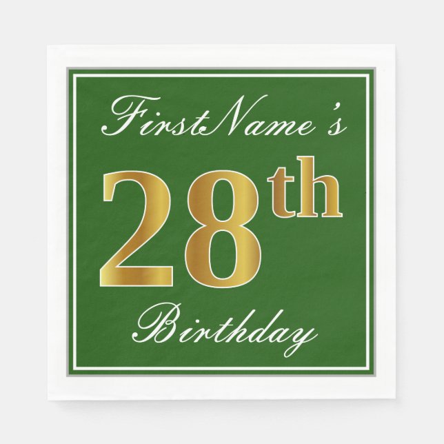Elegant Green, Faux Gold 28th Birthday + Name Napkin (Front)