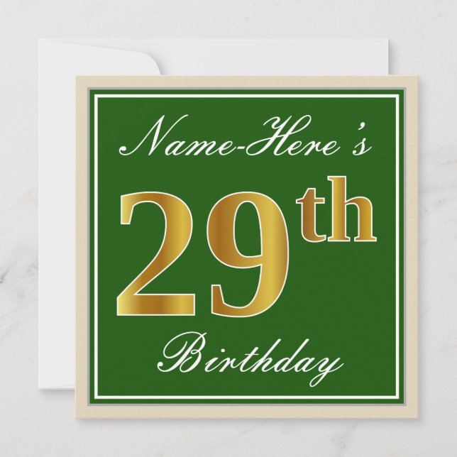 Elegant, Green, Faux Gold 29th Birthday + Name Invitation (Front)