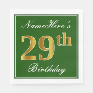 Elegant Green, Faux Gold 29th Birthday + Name Napkin