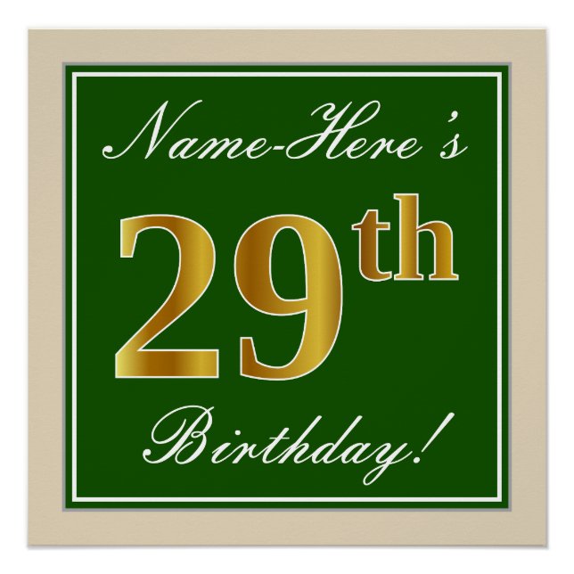 Elegant, Green, Faux Gold 29th Birthday + Name Poster (Front)