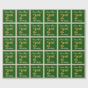 Elegant, Green, Faux Gold 2nd Birthday + Name Wrapping Paper