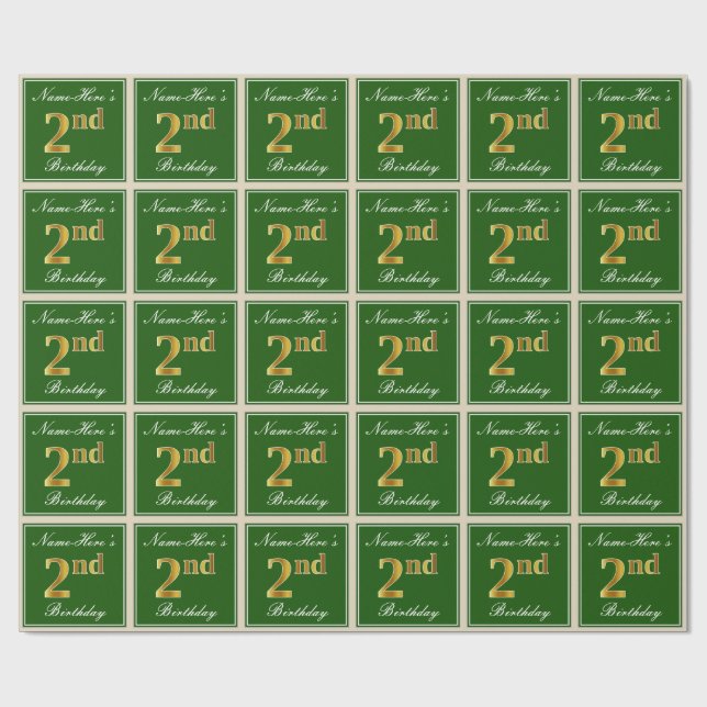 Elegant, Green, Faux Gold 2nd Birthday + Name Wrapping Paper (Flat)