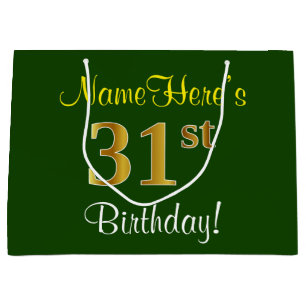 Elegant, Green, Faux Gold 31st Birthday + Name Large Gift Bag