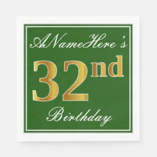 Elegant Green, Faux Gold 32nd Birthday + Name Napkin
