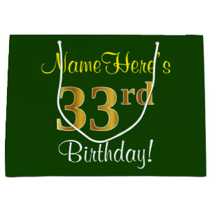 Elegant, Green, Faux Gold 33rd Birthday + Name Large Gift Bag
