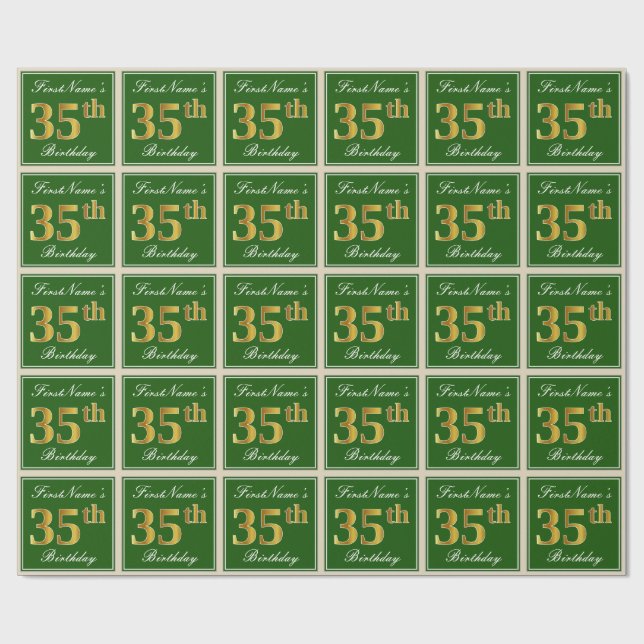 Elegant, Green, Faux Gold 35th Birthday + Name Wrapping Paper (Flat)